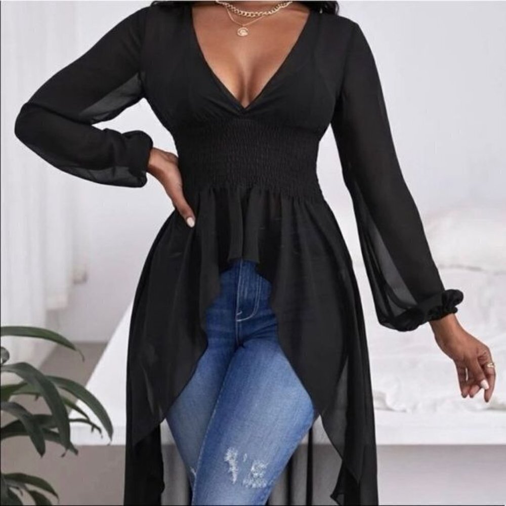 Black Sheer Longline Tunic Top | Deep V Flowy Blouse    black longline tunic-sty